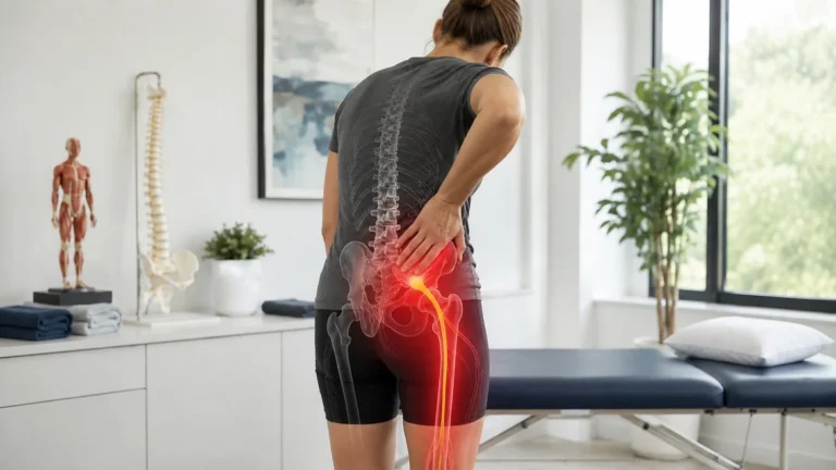 physical therapy patient with lower back pain illustrating the path of pain when you have sciatica
