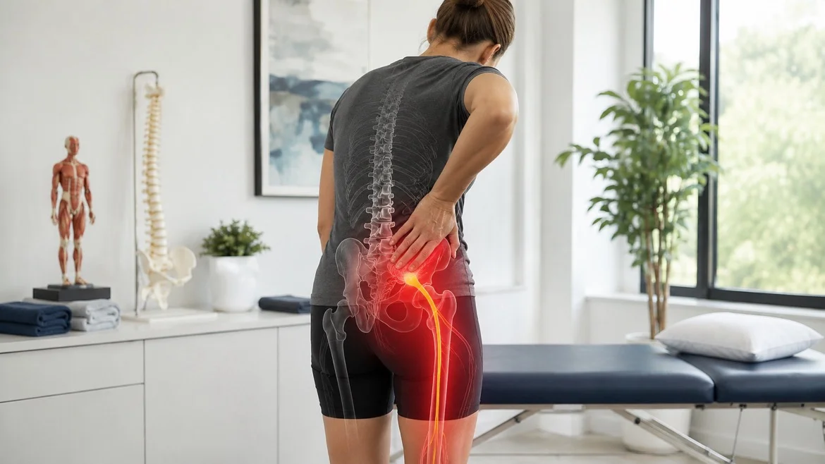 physical therapy patient with lower back pain illustrating the path of pain when you have sciatica